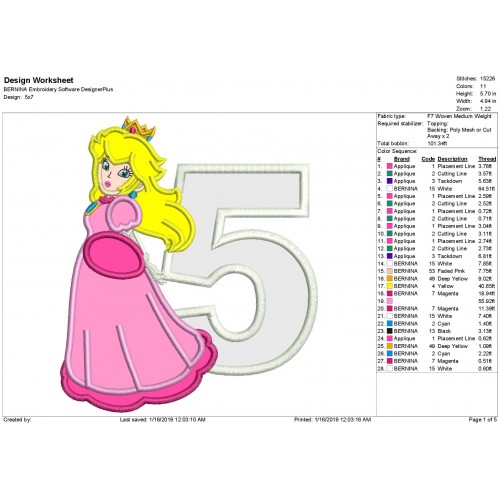 Super Mario Princess Peach with 5 Number Applique Design