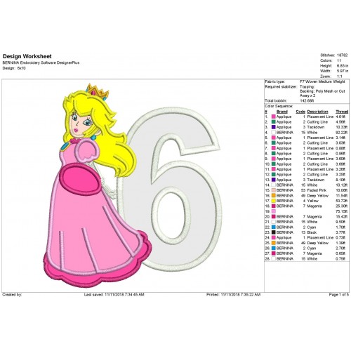 Super Mario Princess Peach with 6 Number Applique Design