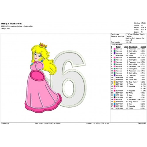 Super Mario Princess Peach with 6 Number Applique Design