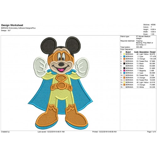 Super Mickey Mouse Fill Stitch Embroidery Design