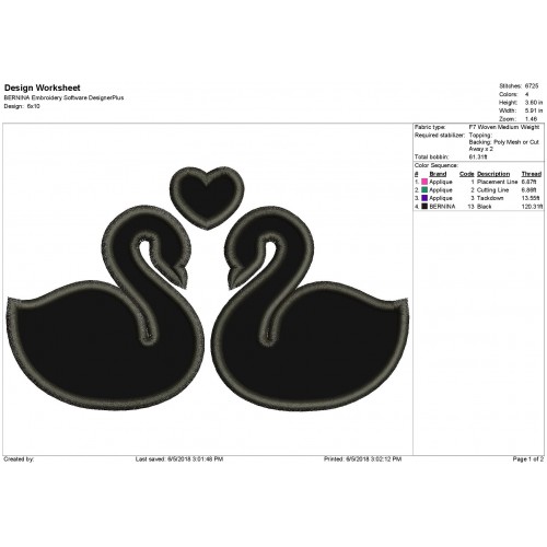 Swans Couple of Love Applique Design