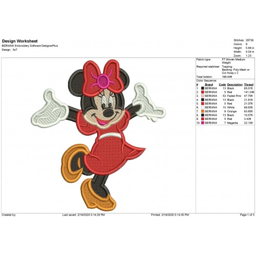 Sweet Minnie Mouse Filled Embroidery Design