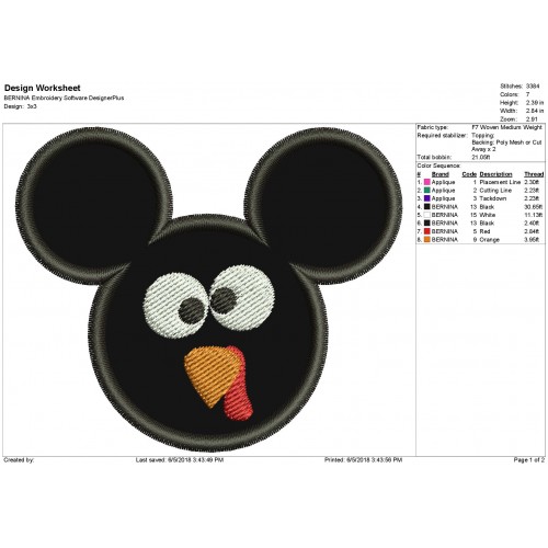 Thanksgiving Turkey Mickey Applique Design