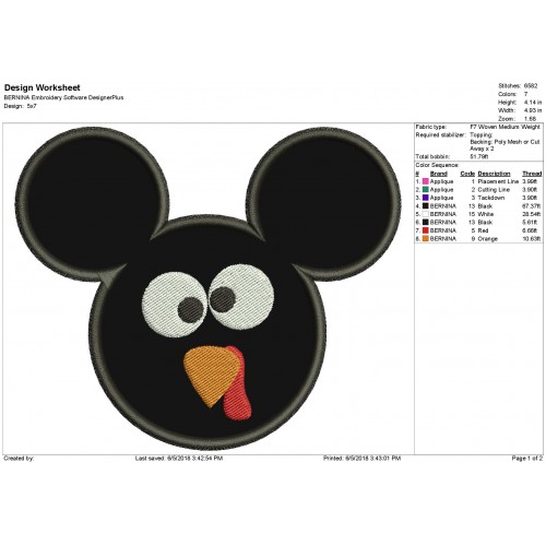 Thanksgiving Turkey Mickey Applique Design