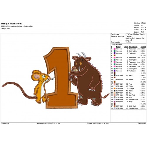 The Gruffalo and The Mouse with a Number 1 Applique Design