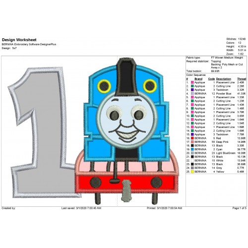 Thomas The Train Number 1 Applique Design