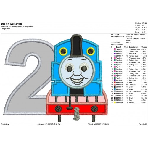 Thomas The Train Number 2 Applique Design