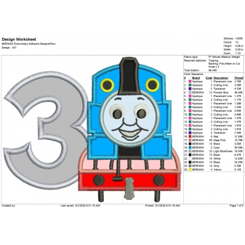 Thomas The Train Number 3 Applique Design