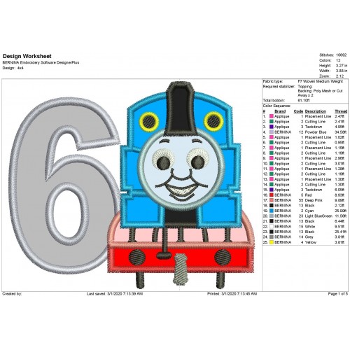 Thomas The Train Number 6 Applique Design