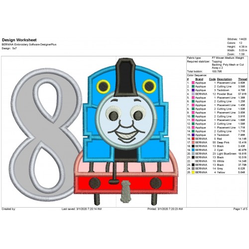 Thomas The Train Number 8 Applique Design