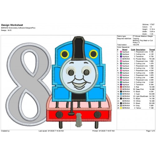 Thomas The Train Number 8 Applique Design