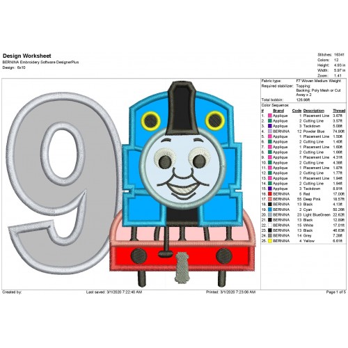 Thomas The Train Number 9 Applique Design