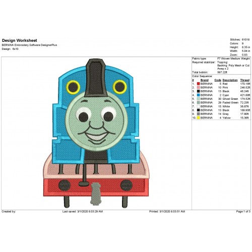 Thomas the Train Embroidery Design