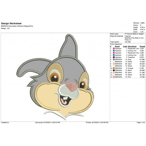 Thumper Head from Bambi Applique Design