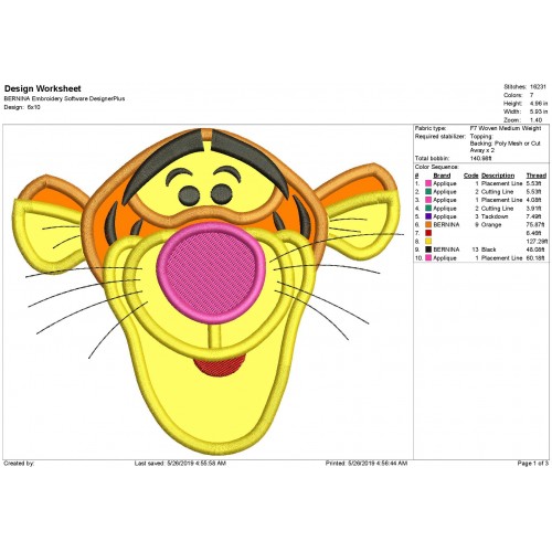 Tigger Head Applique Design