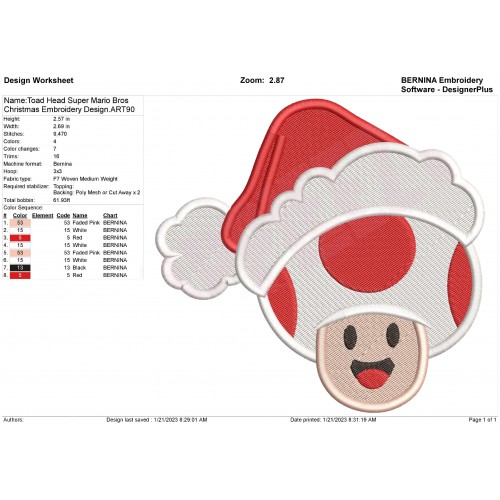 Toad Head Super Mario Bros Christmas Embroidery Design