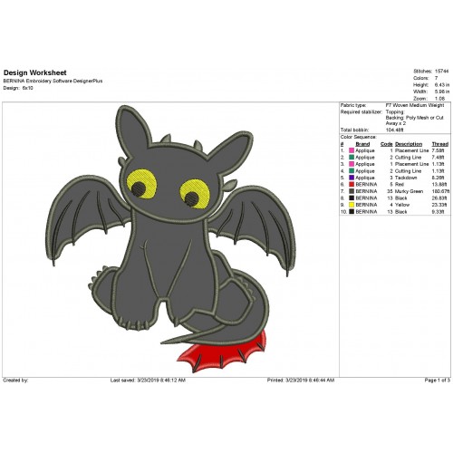 Toothless Dragon Applique Design