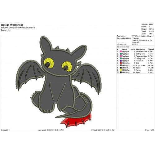 Toothless Dragon Applique Design