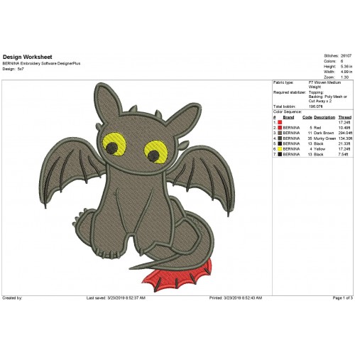 Toothless Dragon Filled Embroidery Design