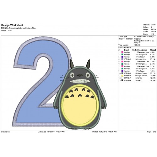 Totoro 2nd Birthday Applique Design