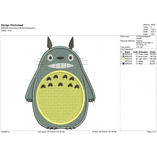 Totoro Filled Embrodery Design