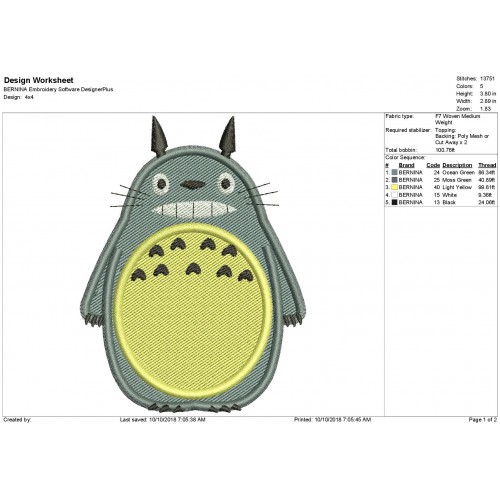 Totoro Filled Embrodery Design