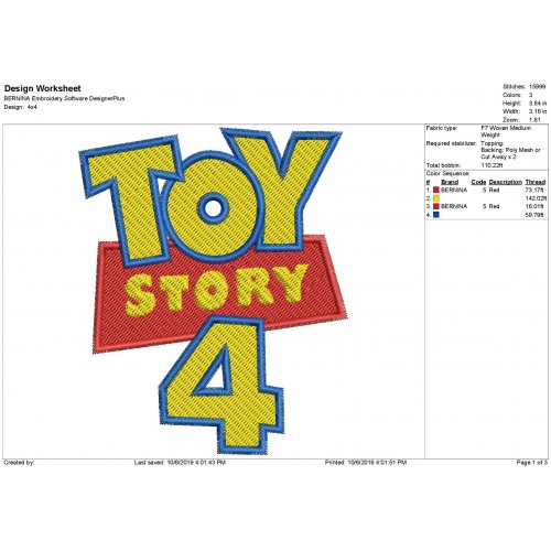 Toy Story 4 Logo Filled Embroidery Design