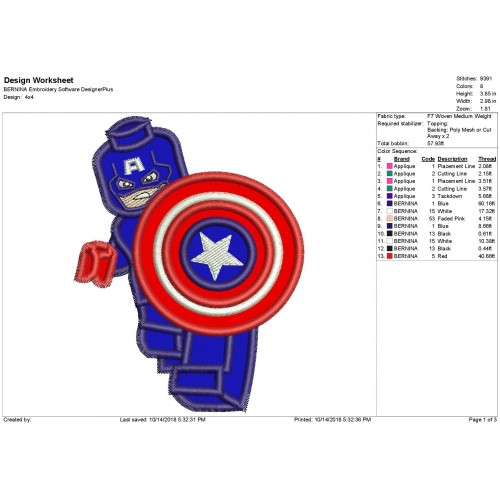 USA Captain Lego Man Applique Design