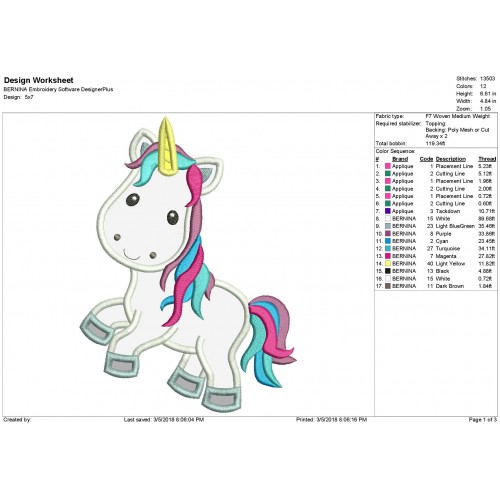 Unicorn Colored Applique Design