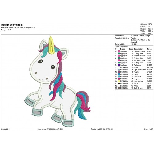 Unicorn Colored Applique Design