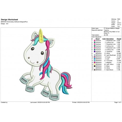 Unicorn Colored Applique Design
