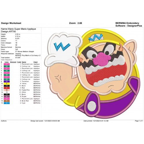 Wario Super Mario Applique Design