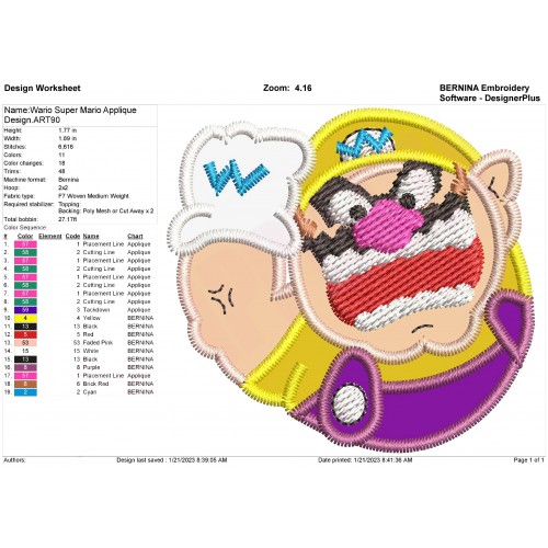 Wario Super Mario Applique Design