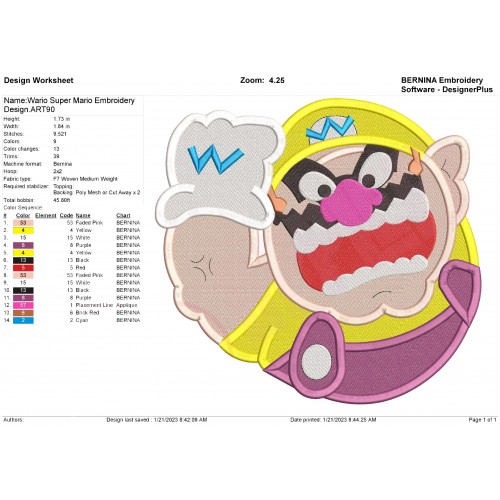 Wario Super Mario Embroidery Design
