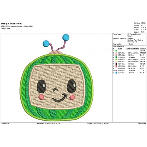 Watermelon TV Box CoComelon Logo Embroidery Design