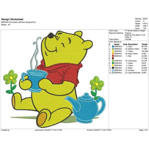 Winnie The Pooh Bear Having Tea Embroidery Design