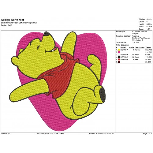 Winnie The Pooh with Heart Embroidery Design
