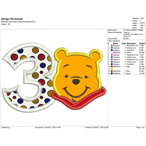 Winnie the Pooh 3rd Birthday Applique Design