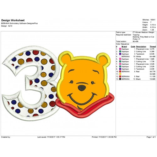 Winnie the Pooh 3rd Birthday Applique Design