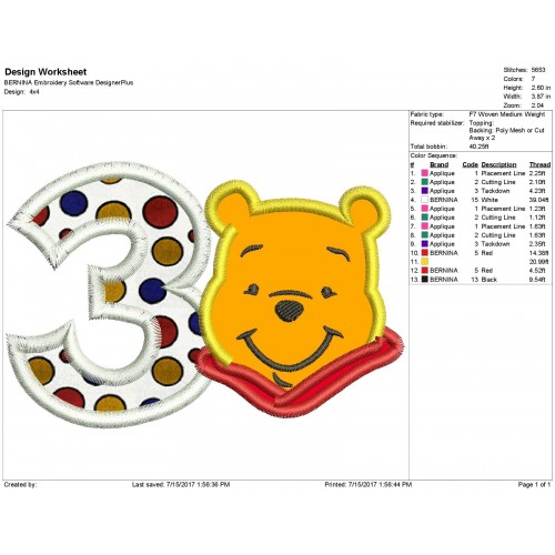 Winnie the Pooh 3rd Birthday Applique Design