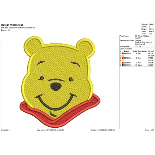 Winnie the Pooh Fill Stitch Embroidery Design
