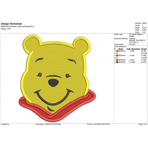 Winnie the Pooh Fill Stitch Embroidery Design