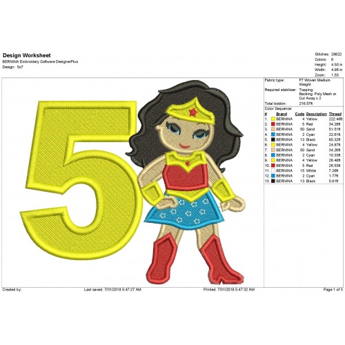 Wonder Woman 5th Birthday Filled Embroidery Design