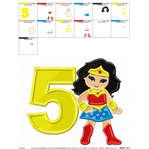 Wonder Woman 5th Birthday Filled Embroidery Design