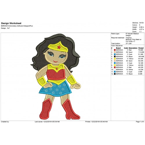 Wonder Woman Fill Stitch Embroidery Design