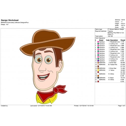 Woody Toy Story Head Applique Design