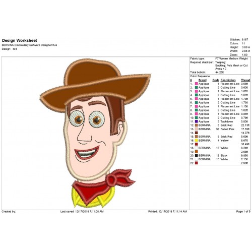 Woody Toy Story Head Applique Design