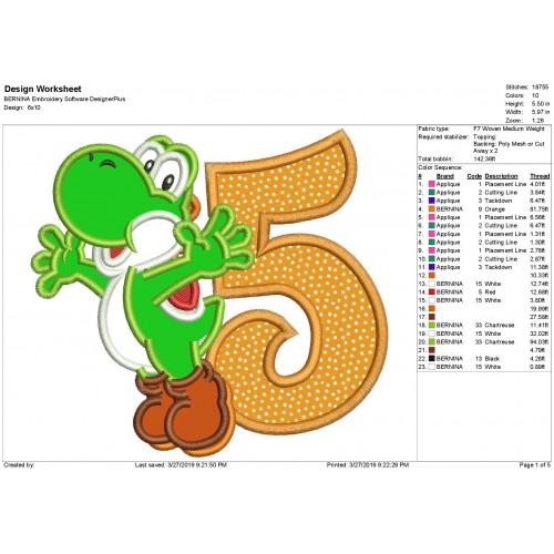 Yoshi Mario Number 5 Applique Design