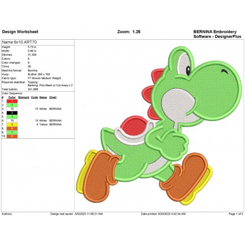 Yoshi Super Mario Embroidery Design Embr