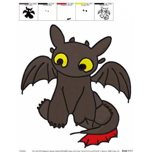 Young Toothless Embroidery Design